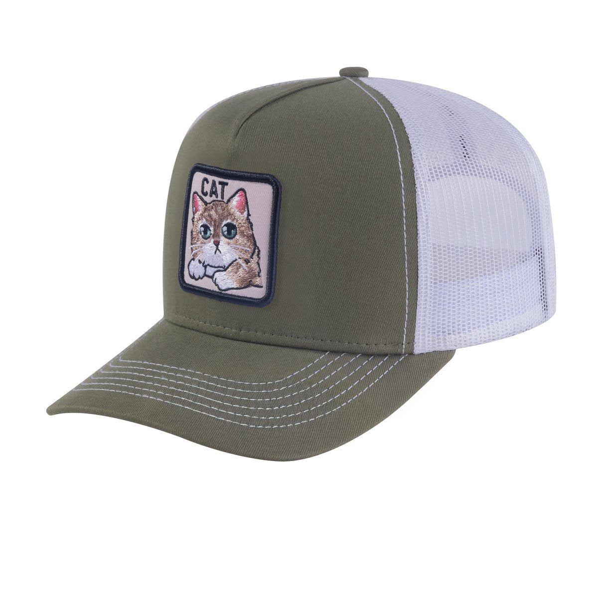Unisex Embroidered The Cat, 5-Panel Trucker Hat, Olive Green/White, Adjustable Fit