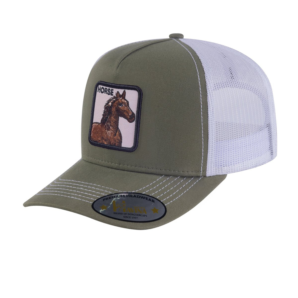 Unisex Embroidered The Horse, 5-Panel Trucker Hat, Olive Green/White, Adjustable Fit