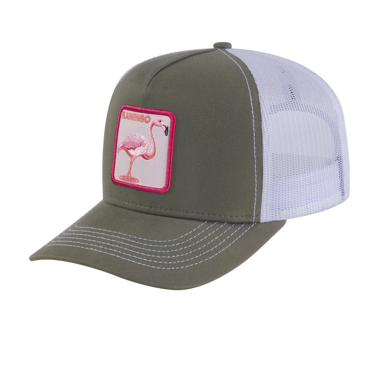 Embroidered The Flamingo - 5 Panel Trucker Hat - Olive Green/White