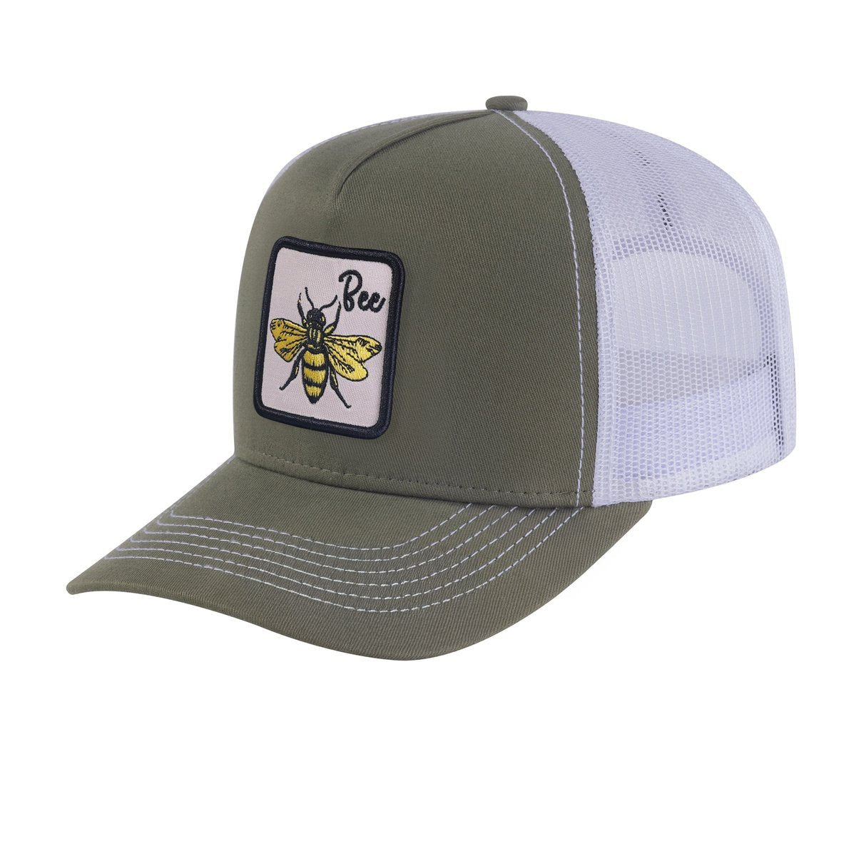 Unisex Embroidered The Bee, 5-Panel Trucker Hat, Olive Green/White, Adjustable Fit
