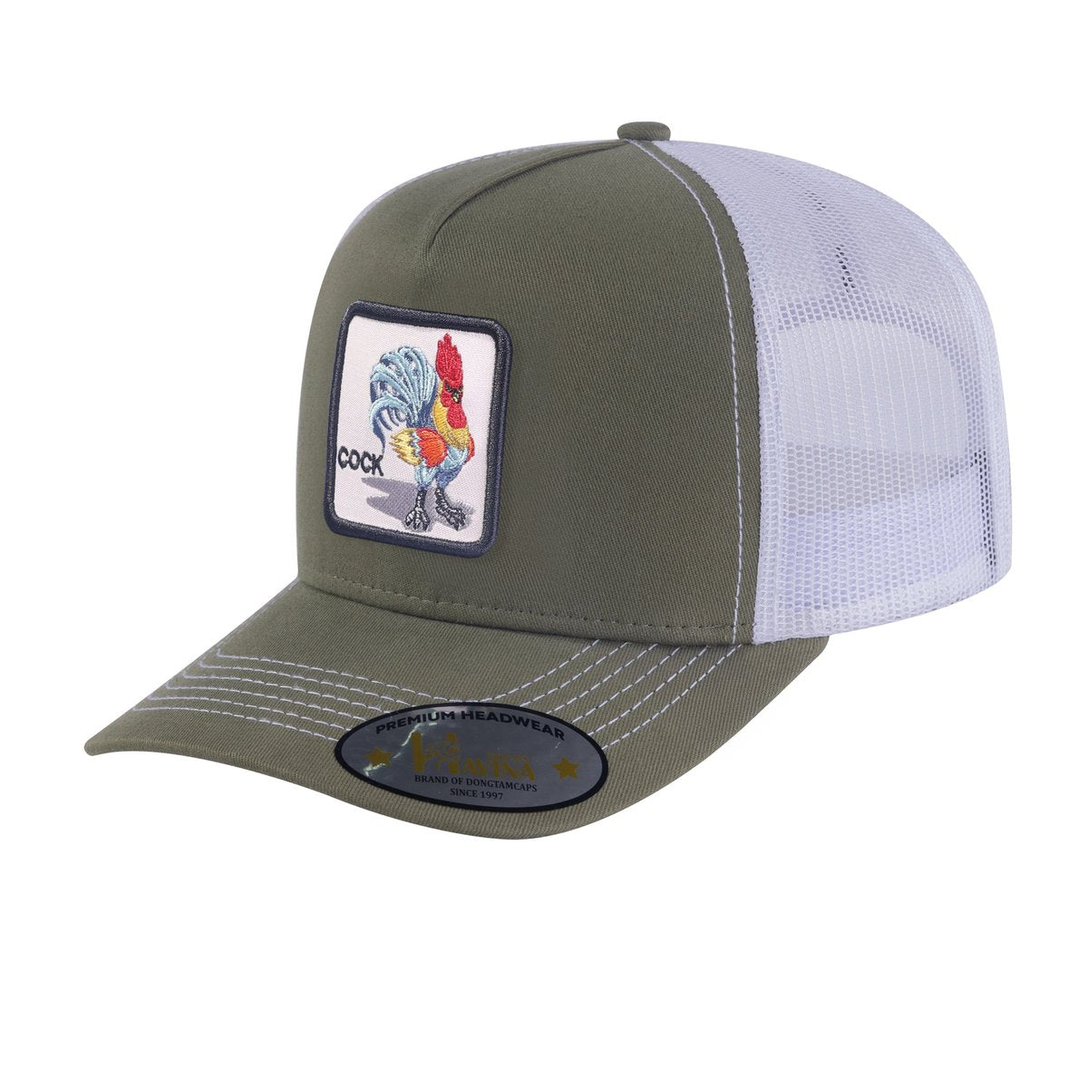 Unisex Embroidered The Cock, 5-Panel Trucker Hat, Olive Green/White, Adjustable Fit
