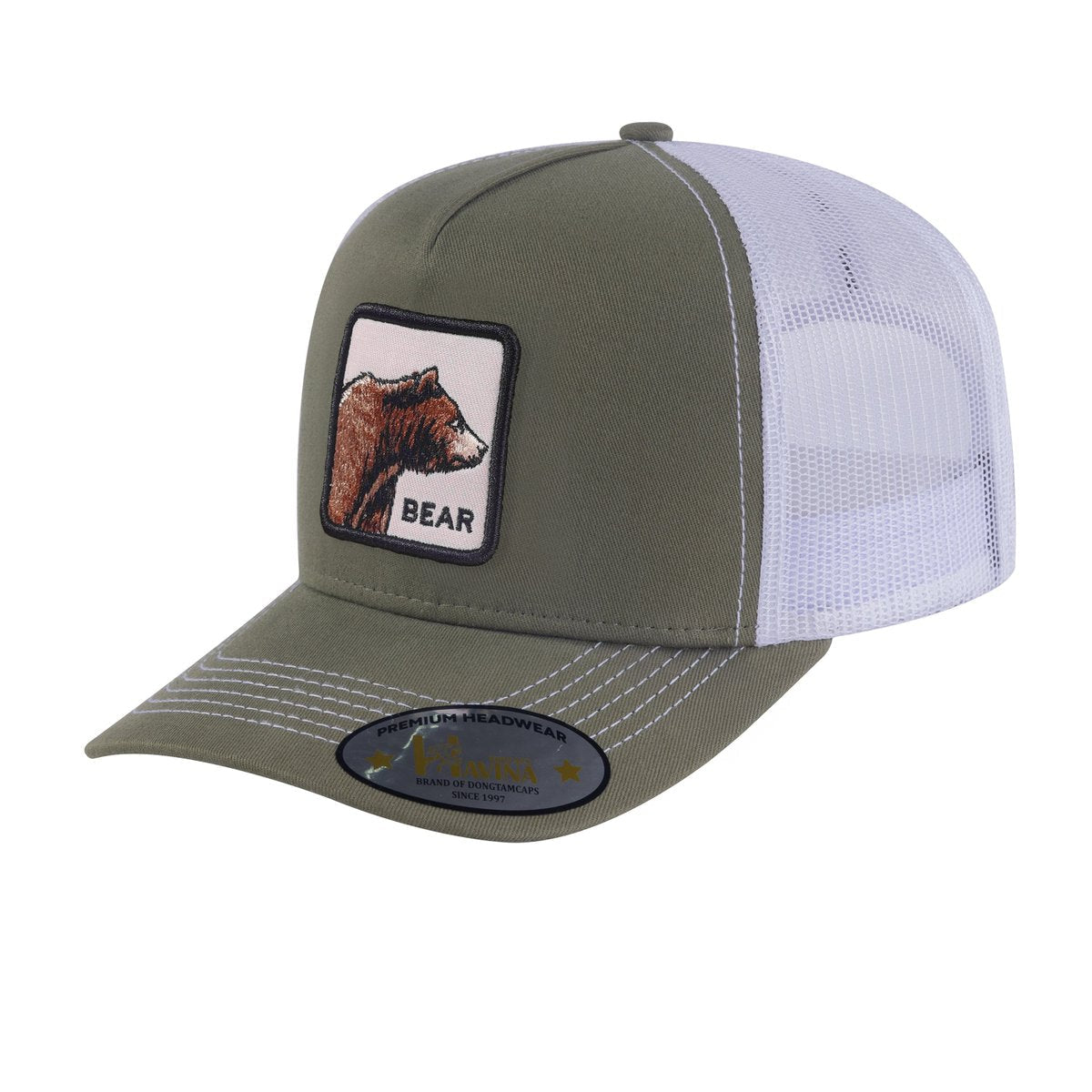 Unisex Embroidered The Bear, 5-Panel Trucker Hat, Olive Green/White, Adjustable Fit