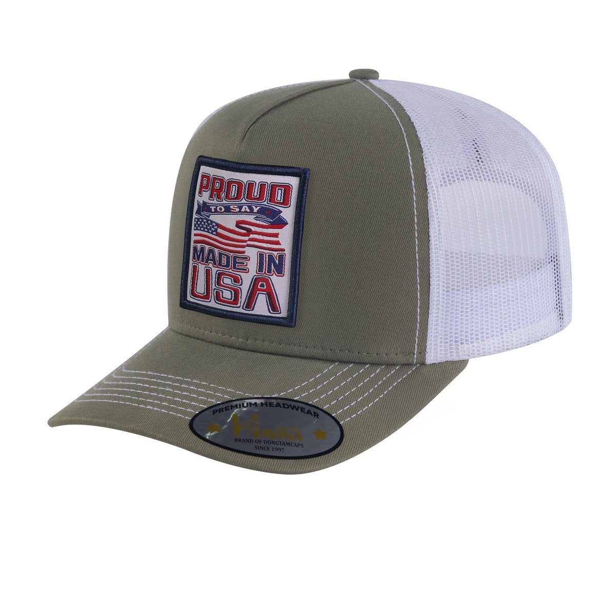 Embroidered Proud To Say Made In US - 5 Panel Trucker Hat - Olive Green/White