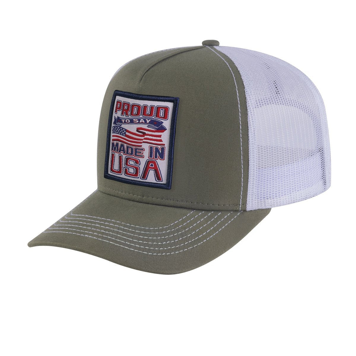 Unisex Embroidered Proud To Say Made In Usa, 5-Panel Trucker Hat, Olive Green/White, Adjustable Fit