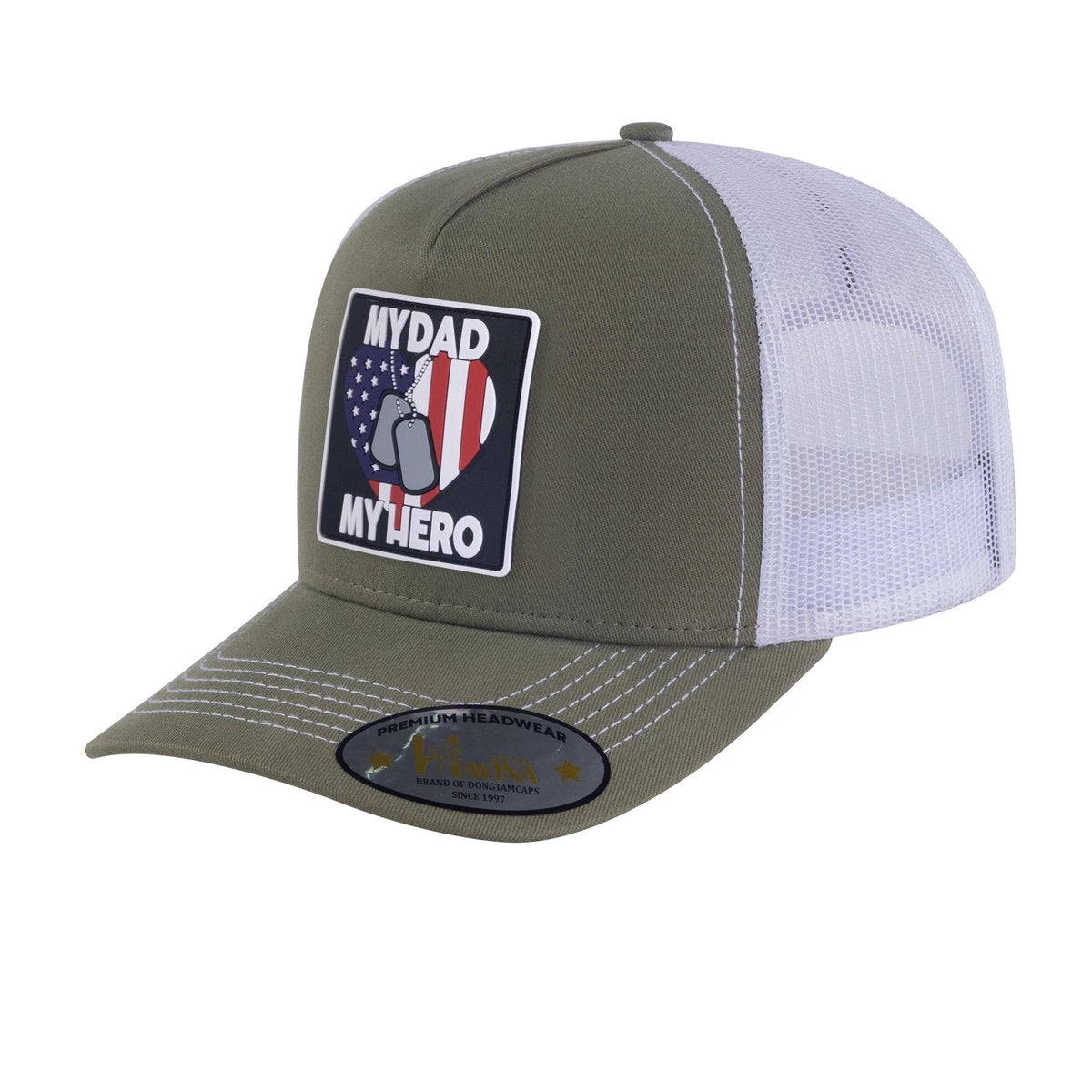 Embroidered My Dad My Hero - 5 Panel Trucker Hat - Olive Green/White