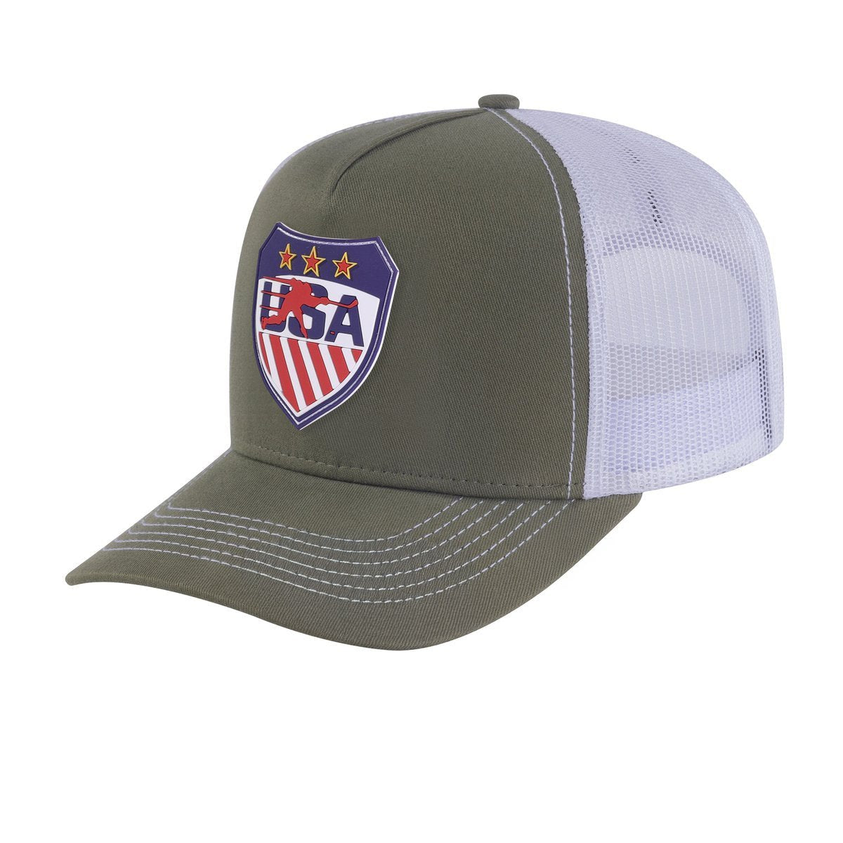 Unisex Embroidered Loving Hockey, 5-Panel Trucker Hat, Olive Green/White, Adjustable Fit