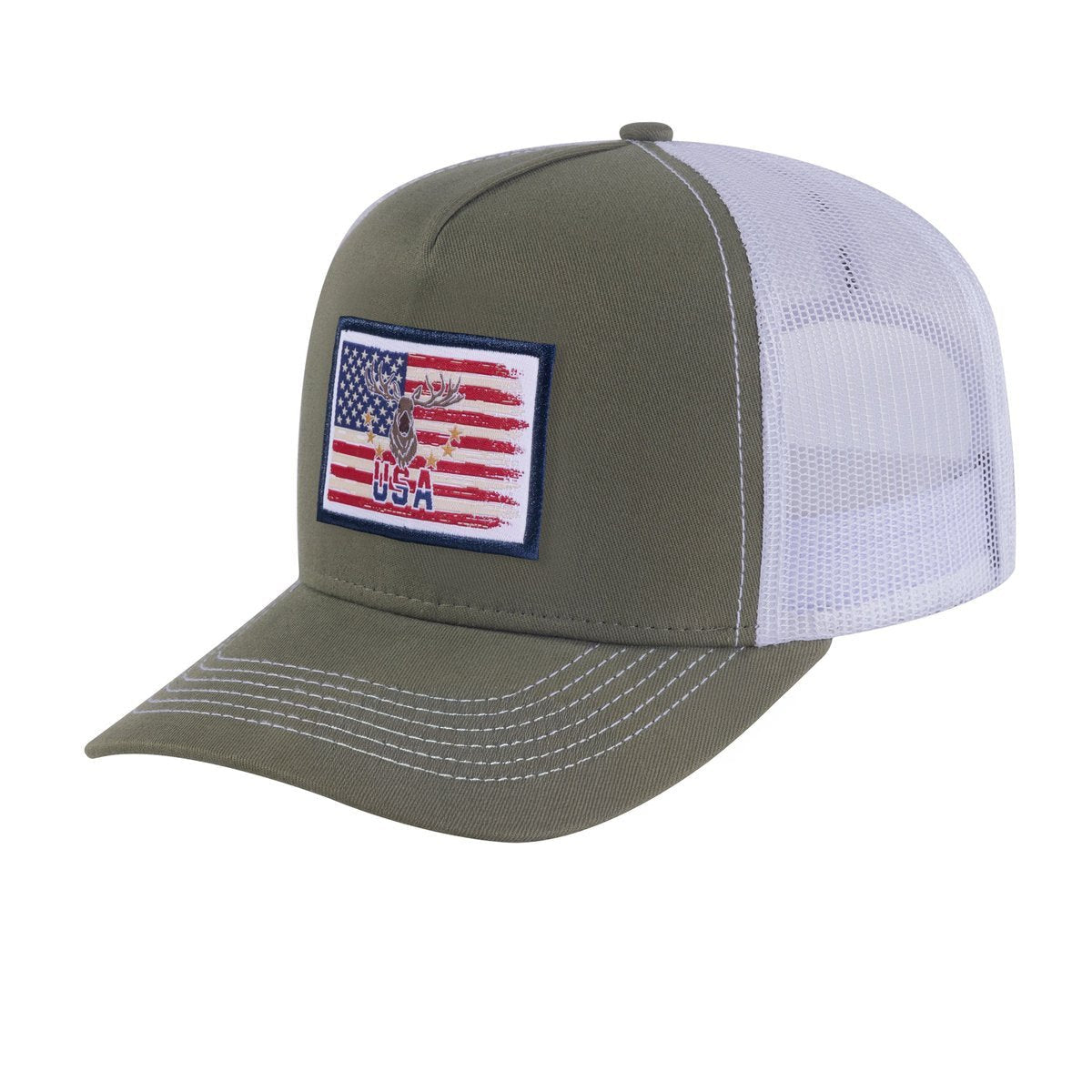 Unisex Embroidered US Deer Hunter, 5-Panel Trucker Hat, Olive Green/White, Adjustable Fit