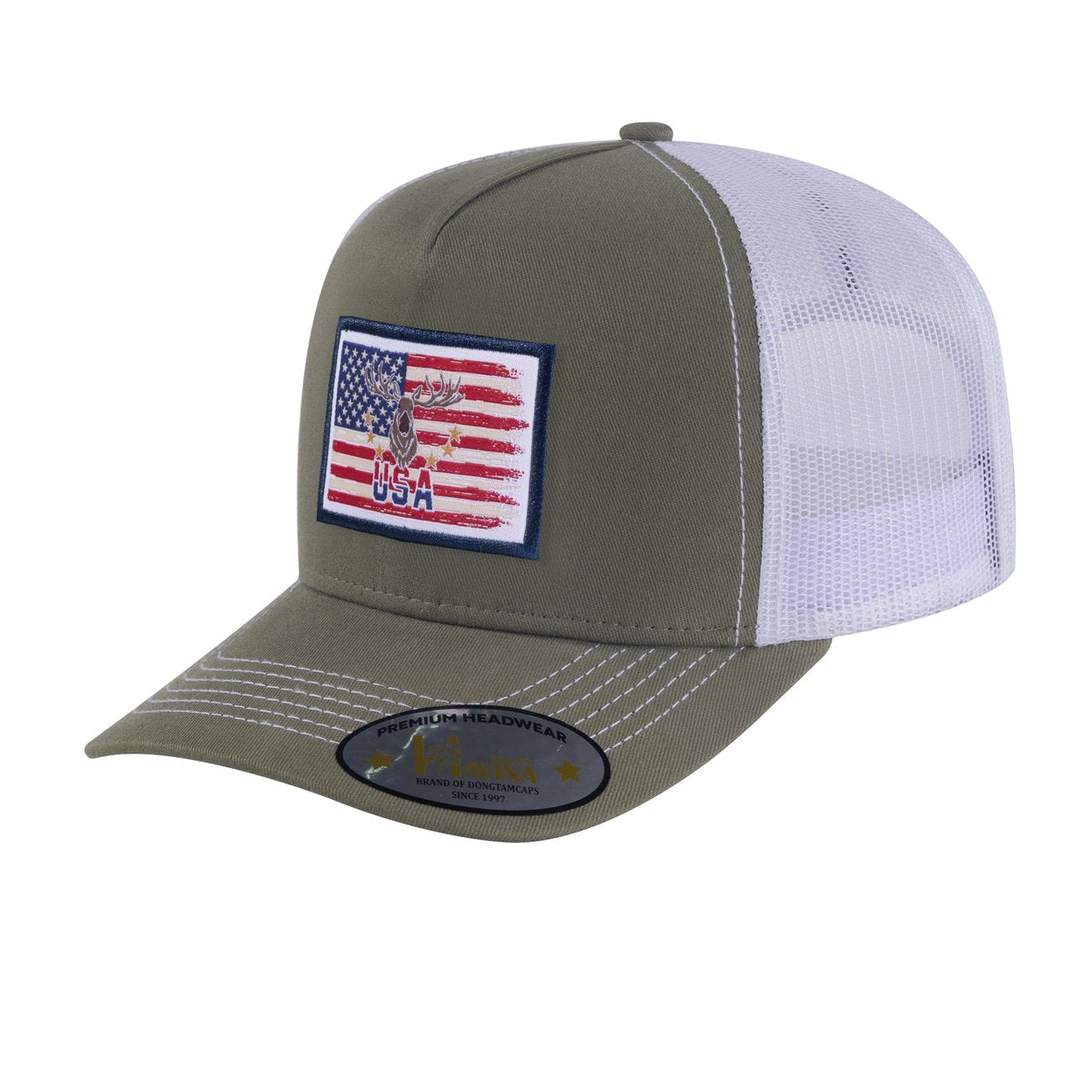 Embroidered US Deer Hunter - 5 Panel Trucker Hat - Olive Green/White