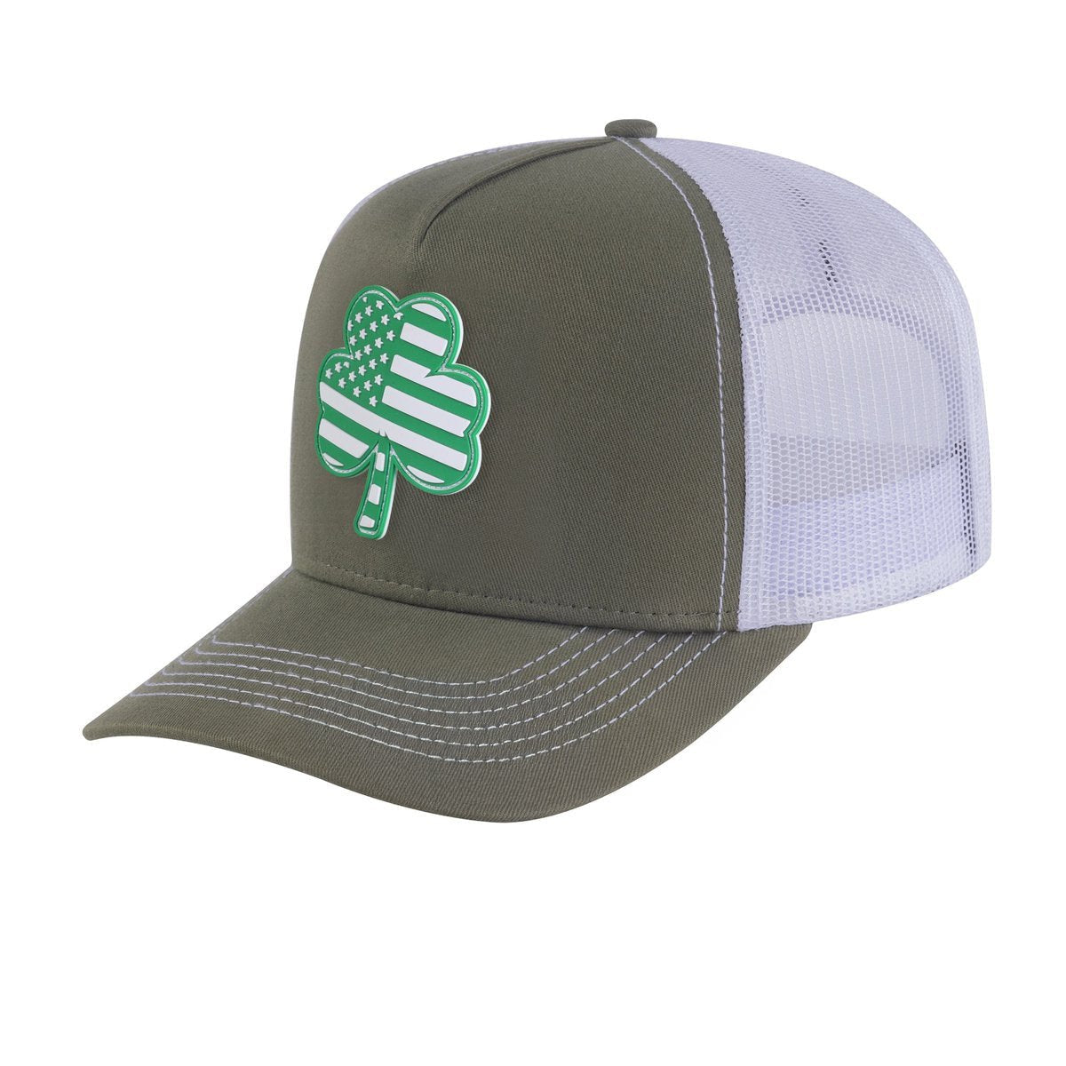 Unisex Embroidered St. Patrick'S Day Four Leaf Shamrock, 5-Panel Trucker Hat, Olive Green/White, Adjustable Fit