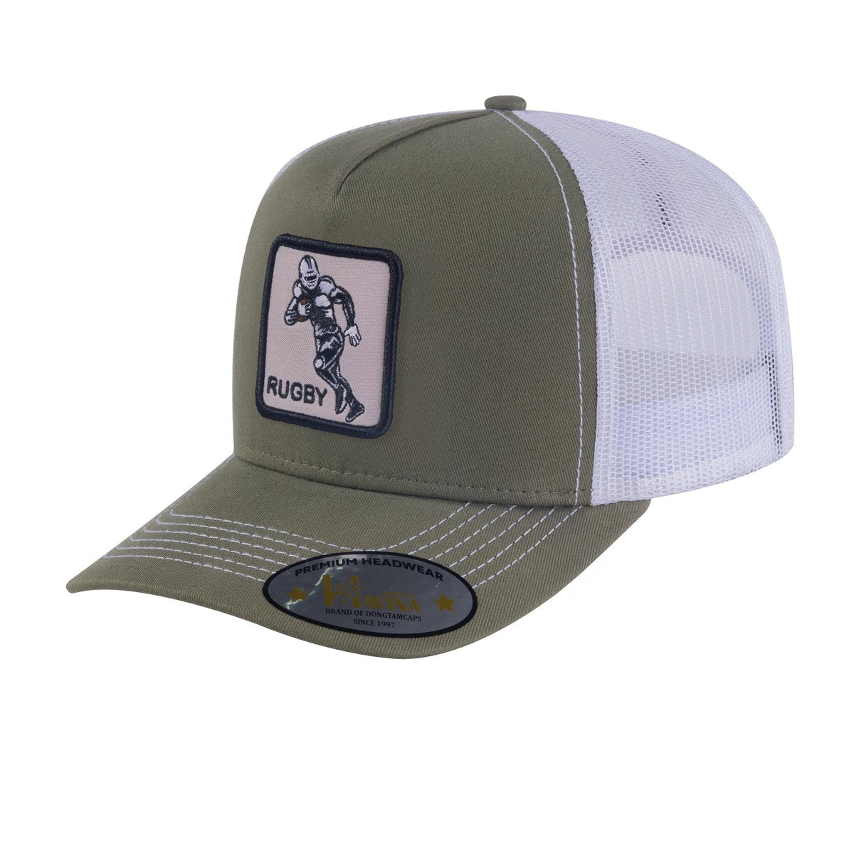 Unisex Embroidered Rugby/Football, 5-Panel Trucker Hat, Olive Green/White, Adjustable Fit