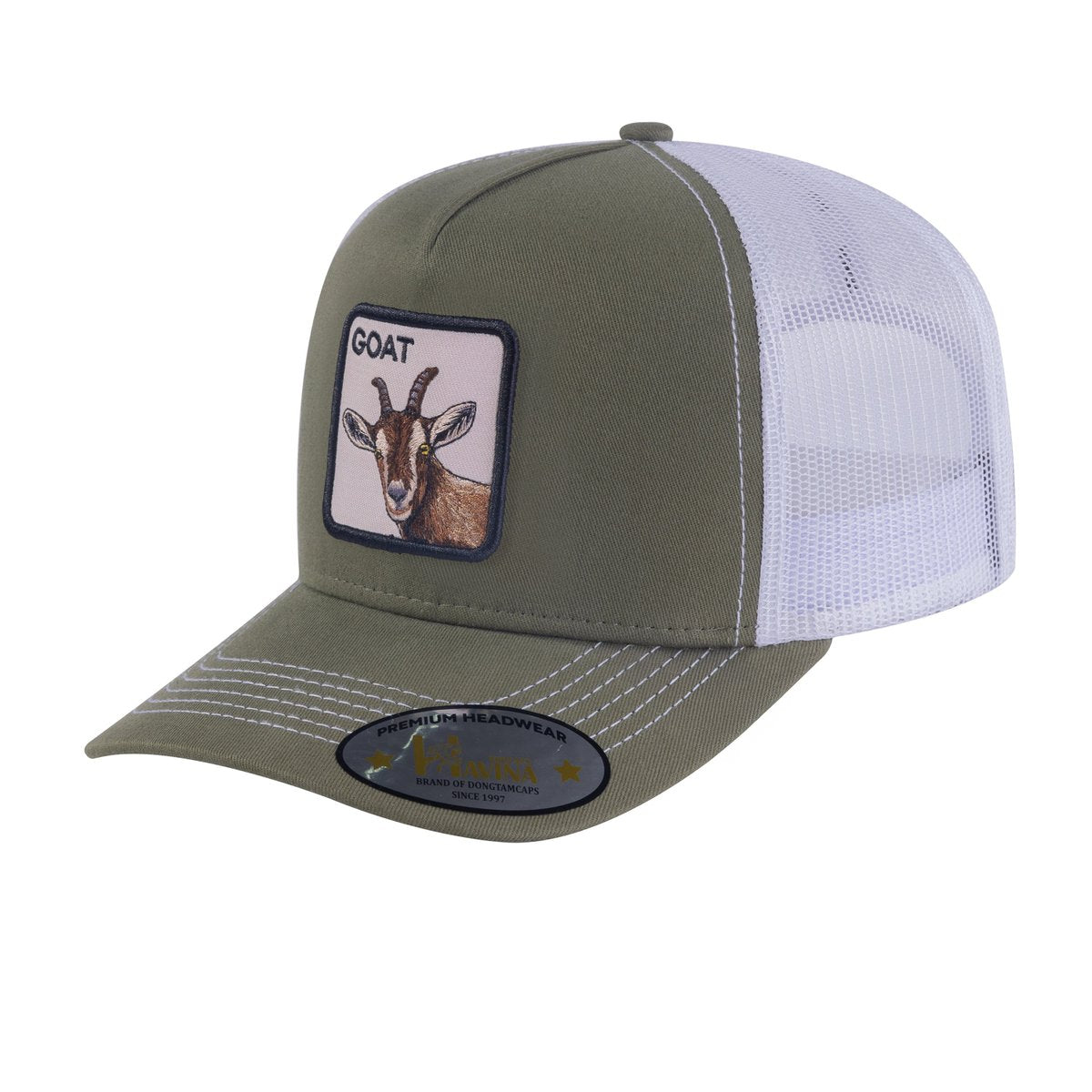 Unisex Embroidered The Goat, 5-Panel Trucker Hat, Olive Green/White, Adjustable Fit