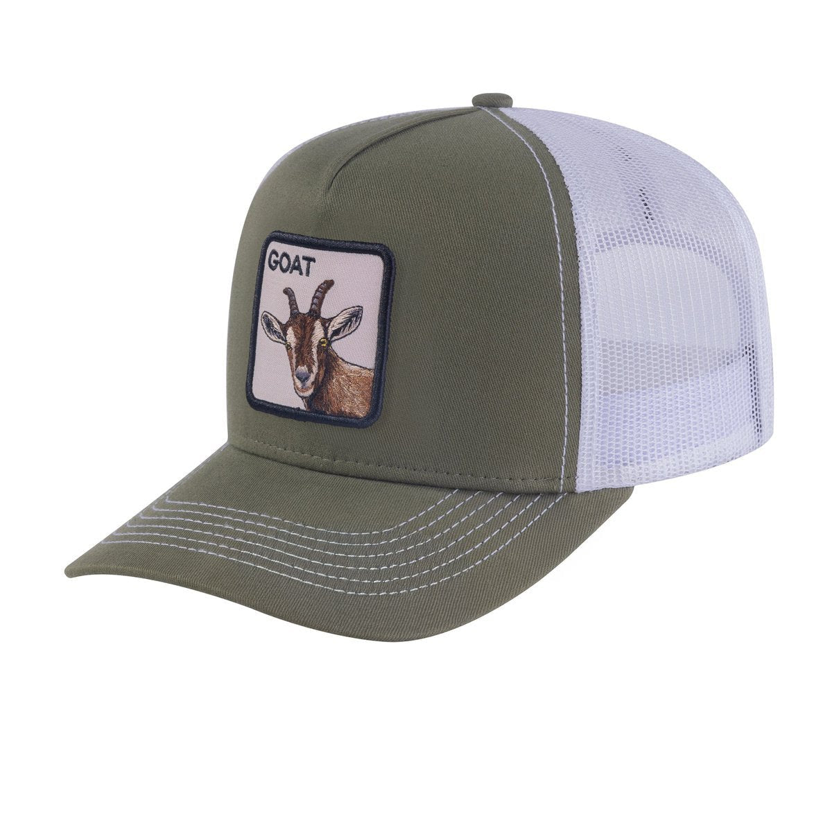 Unisex Embroidered The Goat, 5-Panel Trucker Hat, Olive Green/White, Adjustable Fit