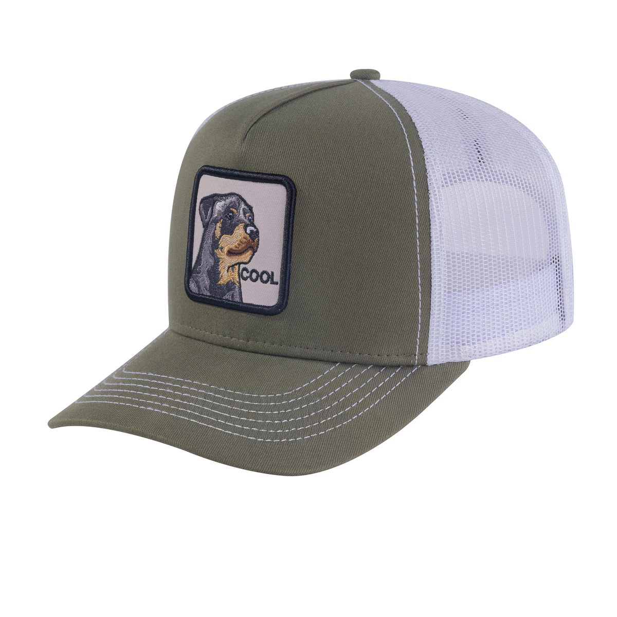 Unisex Embroidered The Cool Dog, 5-Panel Trucker Hat, Olive Green, Olive Green-W, Adjustable Fit