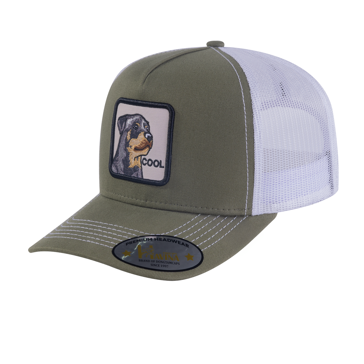 Unisex Embroidered The Cool Dog, 5-Panel Trucker Hat, Olive Green, Olive Green-W, Adjustable Fit