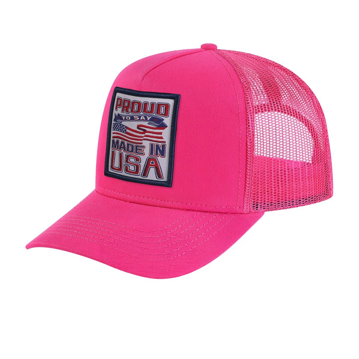 Unisex Embroidered Proud To Say Made In Usa, 5-Panel Trucker Hat, Pink/Pink, Adjustable Fit