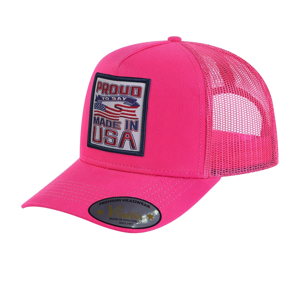 Unisex Embroidered Proud To Say Made In US, 5-Panel Trucker Hat, Pink/Pink, Adjustable Fit