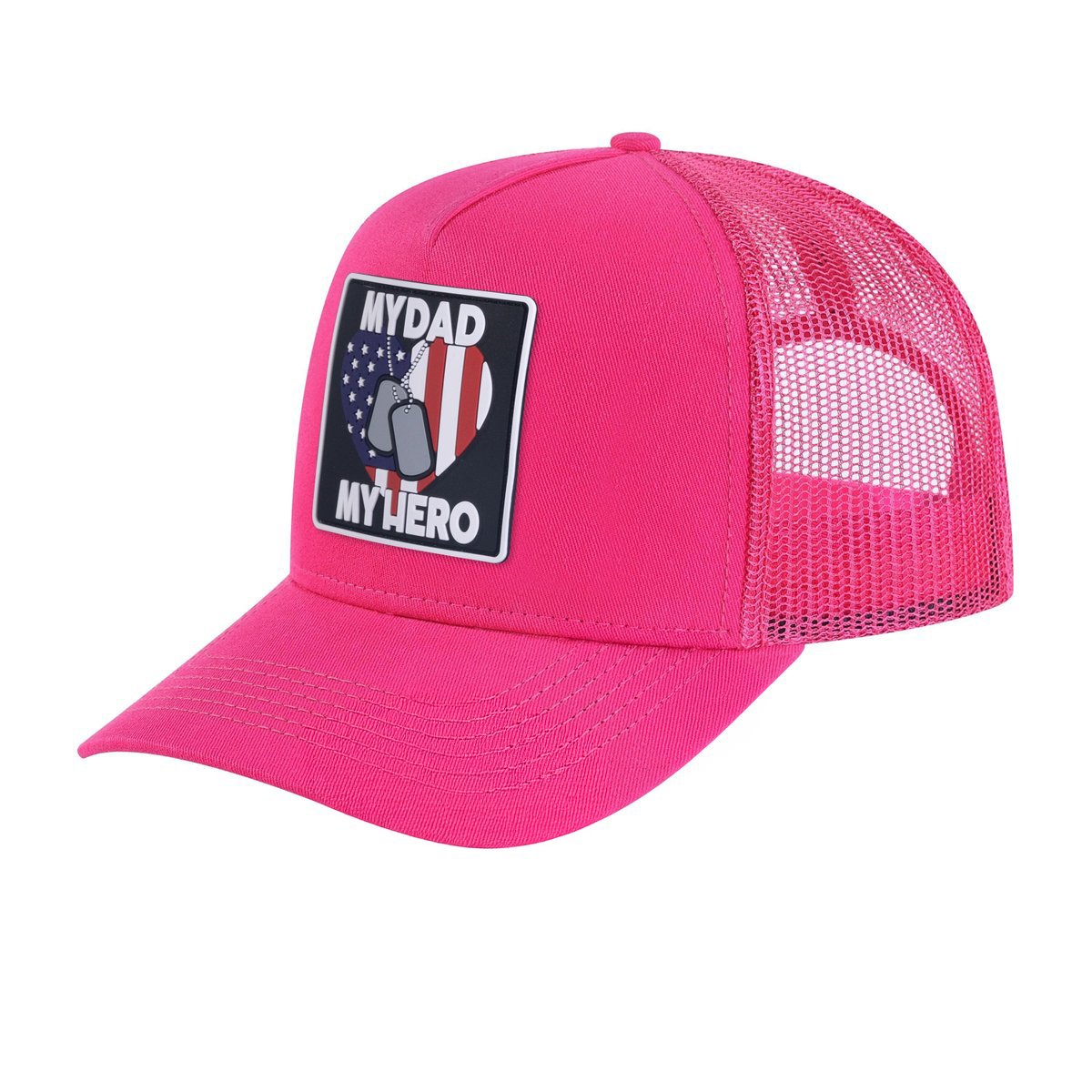 Unisex Embroidered My Dad My Hero, 5-Panel Trucker Hat, Pink/Pink, Adjustable Fit