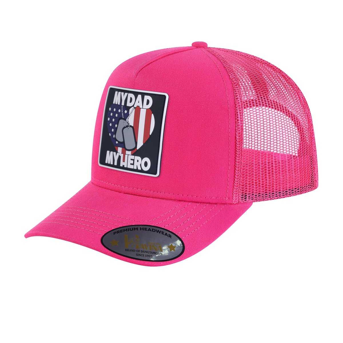 Unisex Embroidered My Dad My Hero, 5-Panel Trucker Hat, Pink/Pink, Adjustable Fit
