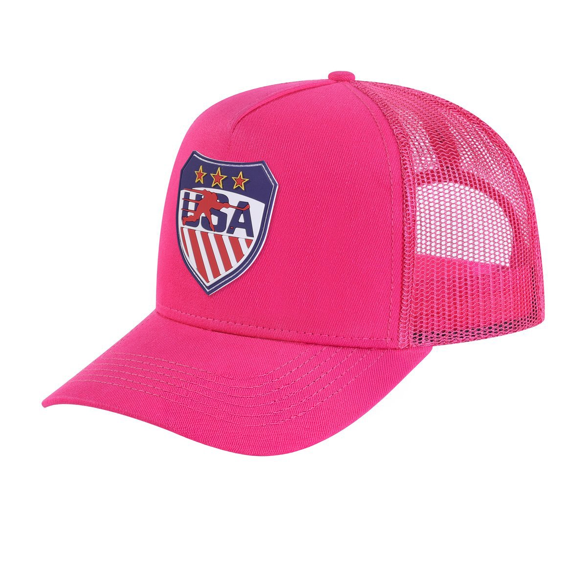 Unisex Embroidered Loving Hockey, 5-Panel Trucker Hat, Pink/Pink, Adjustable Fit