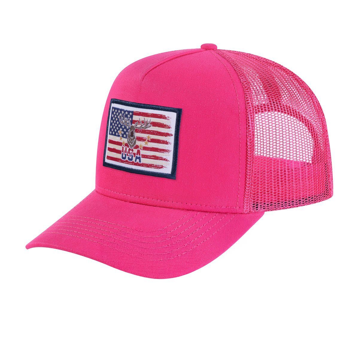 Unisex Embroidered Usa Deer Hunter, 5-Panel Trucker Hat, Pink/Pink, Adjustable Fit