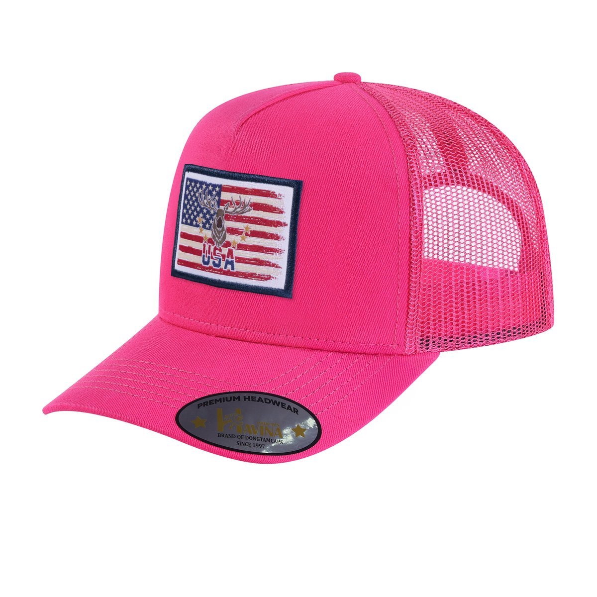 Unisex Embroidered Usa Deer Hunter, 5-Panel Trucker Hat, Pink/Pink, Adjustable Fit