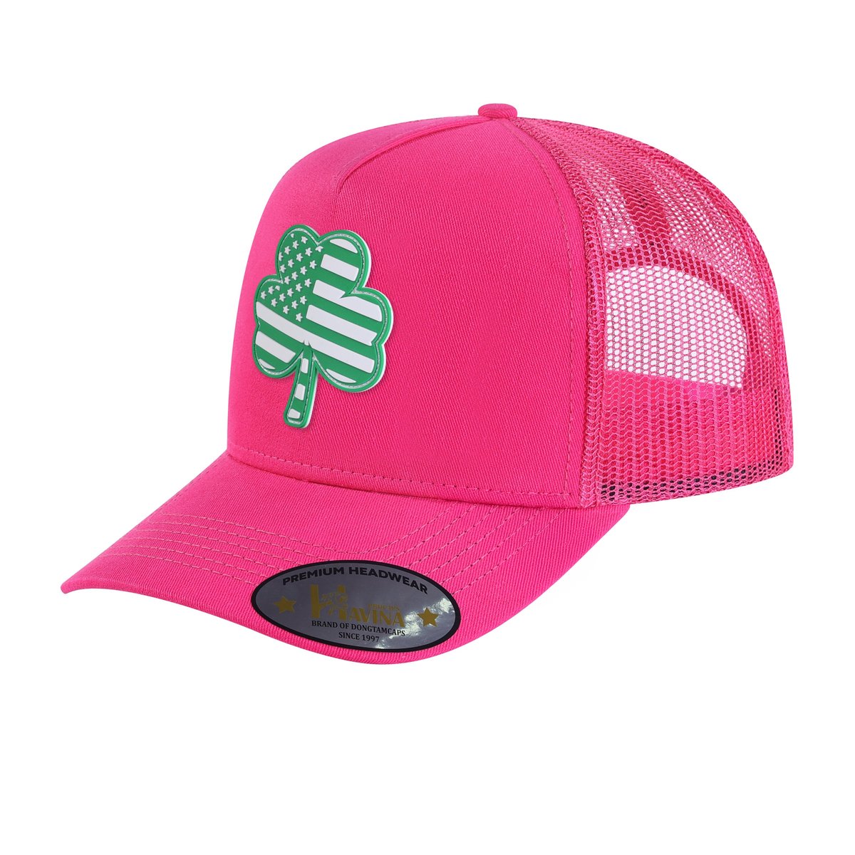 Embroidered St. Patrick'S Day Four Leaf Shamrock - 5 Panel Trucker Hat - Pink/Pink