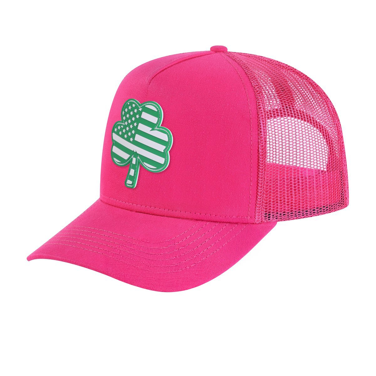 Unisex Embroidered St. Patrick'S Day Four Leaf Shamrock, 5-Panel Trucker Hat, Pink/Pink, Adjustable Fit