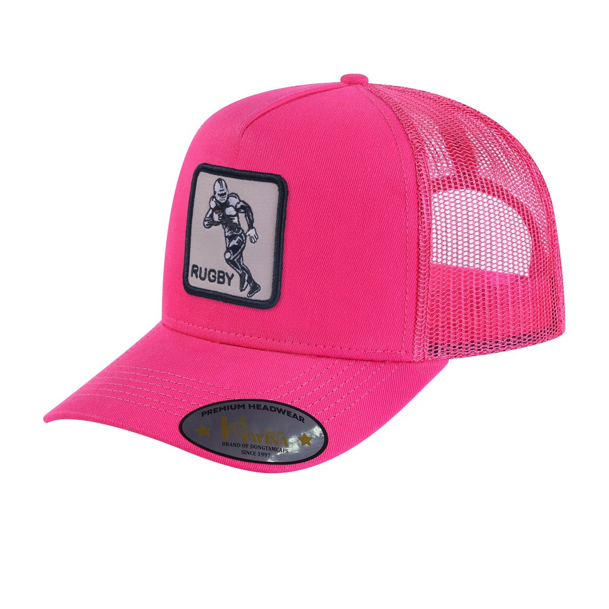 Unisex Embroidered Rugby, 5-Panel Trucker Hat, Pink/Pink, Adjustable Fit