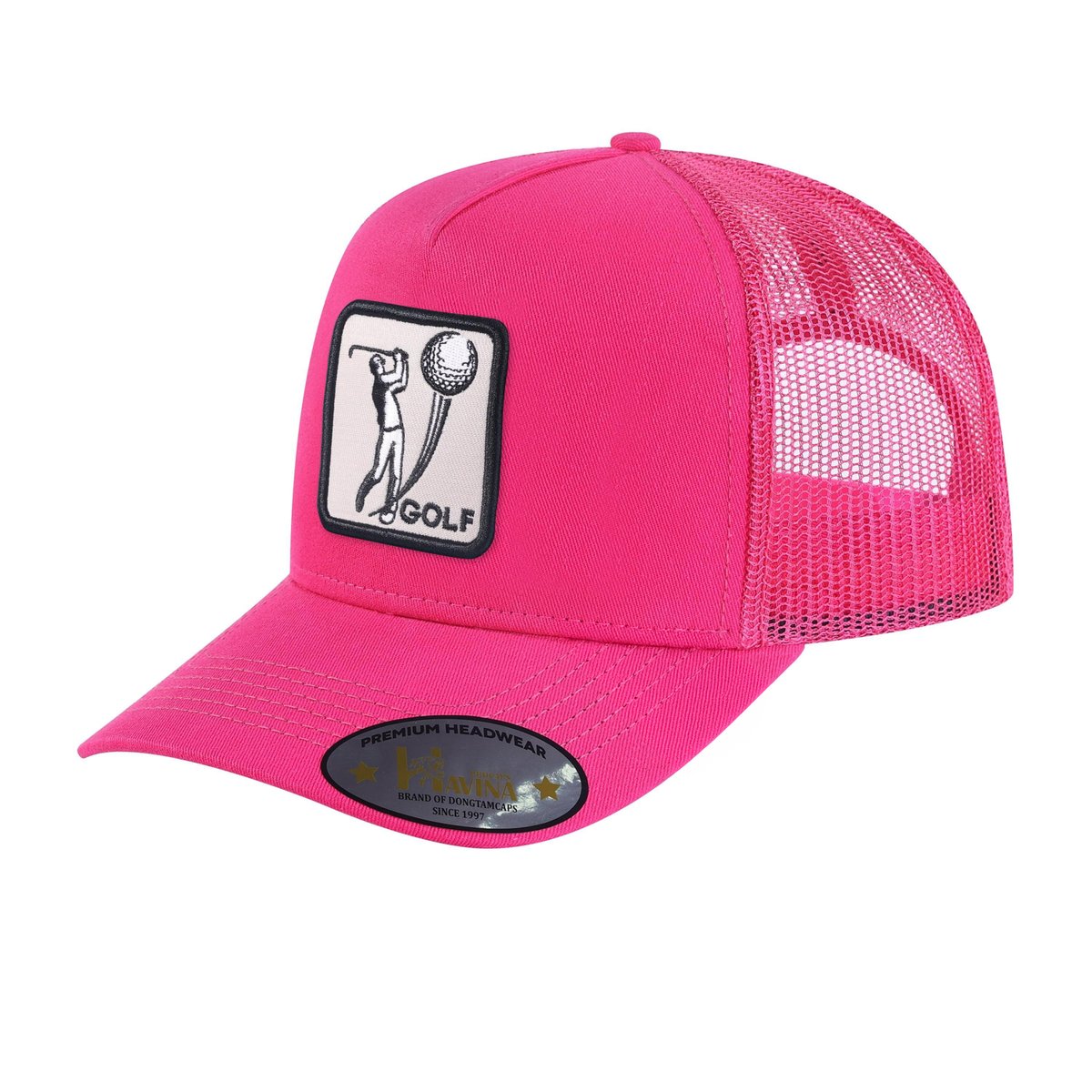Embroidered Golf - 5 Panel Trucker Hat - Pink/Pink