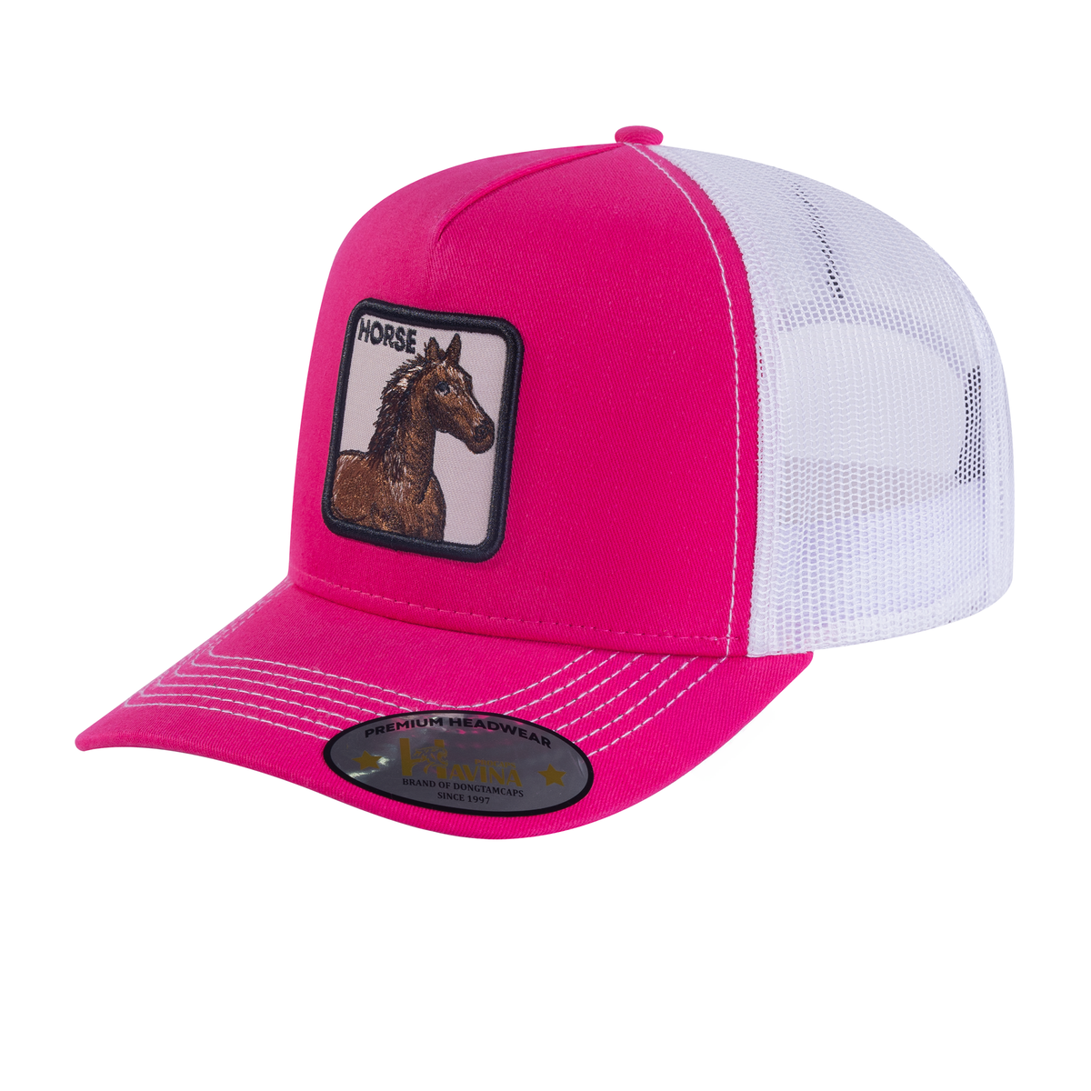 Unisex Embroidered The Horse, 5-Panel Trucker Hat, Pink/White, Adjustable Fit