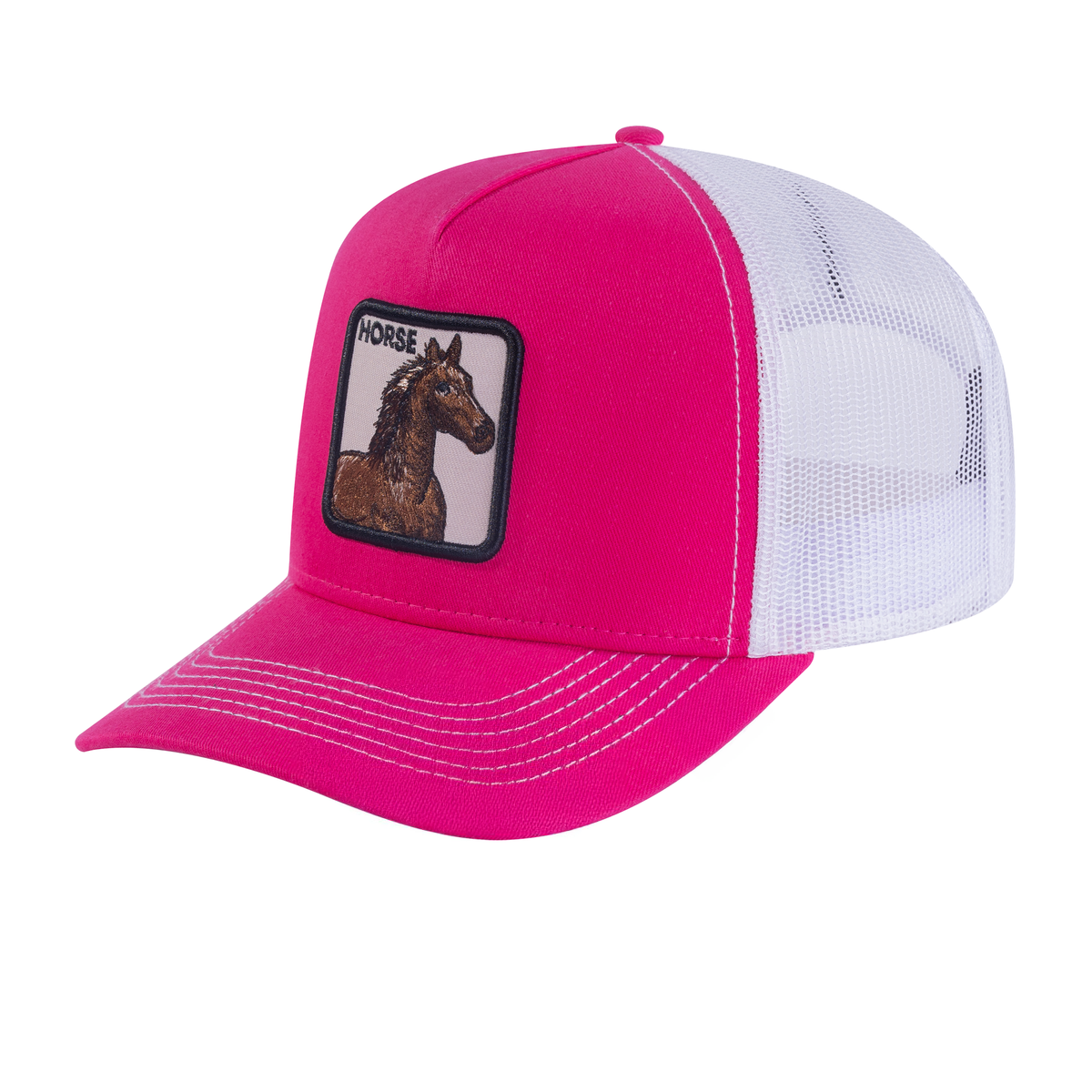 Unisex Embroidered The Horse, 5-Panel Trucker Hat, Pink/White, Adjustable Fit