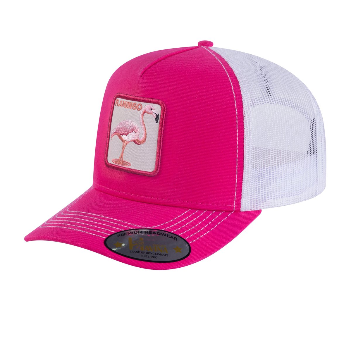 Unisex Embroidered The Flamingo, 5-Panel Trucker Hat, Pink/White, Adjustable Fit