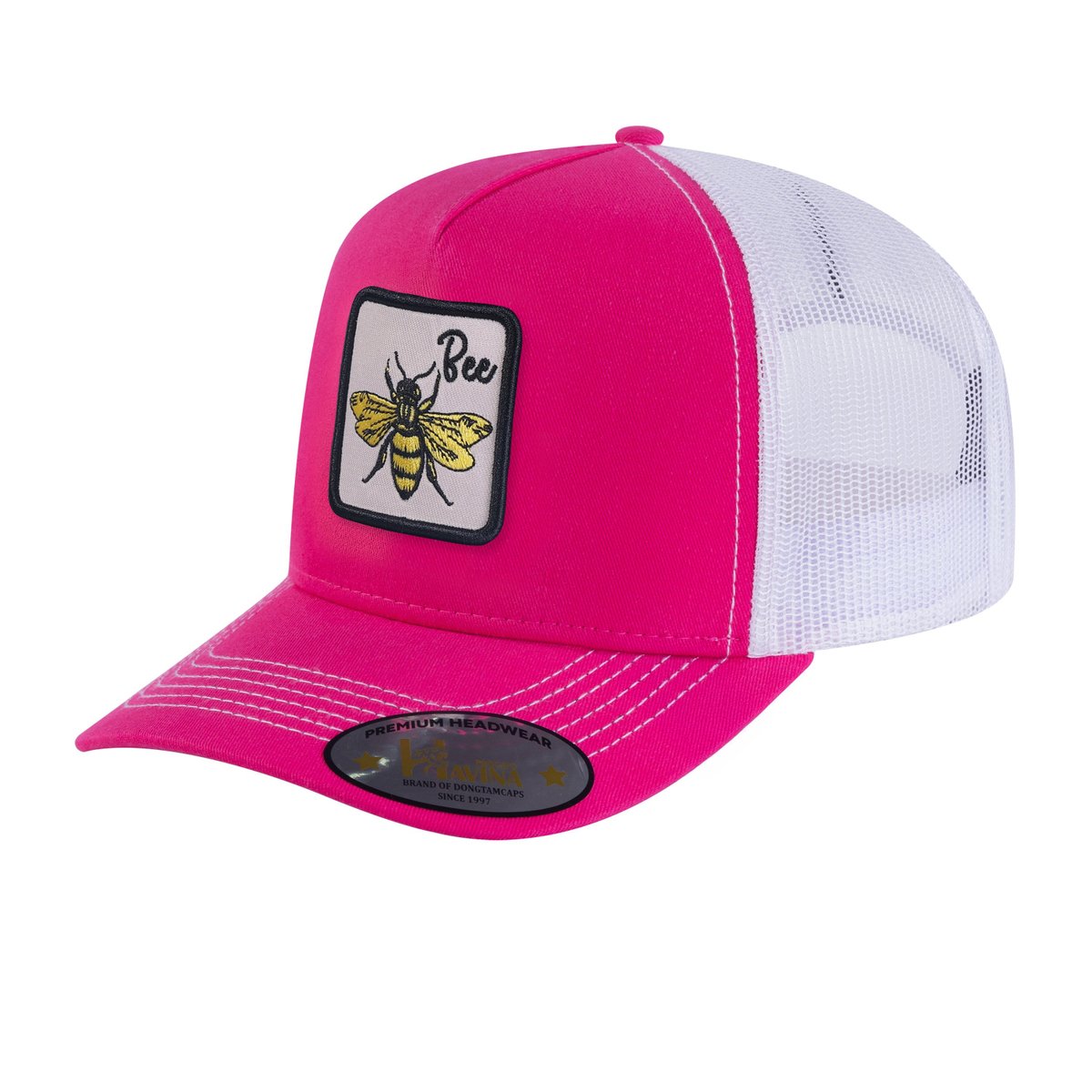Unisex Embroidered The Bee, 5-Panel Trucker Hat, Pink/White, Adjustable Fit
