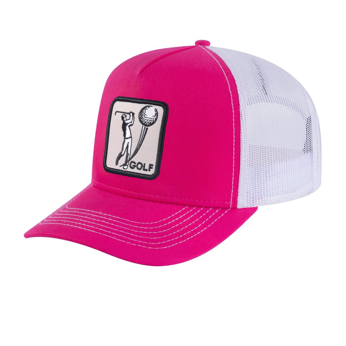 Unisex Embroidered Golf, 5-Panel Trucker Hat, Pink/White, Adjustable Fit