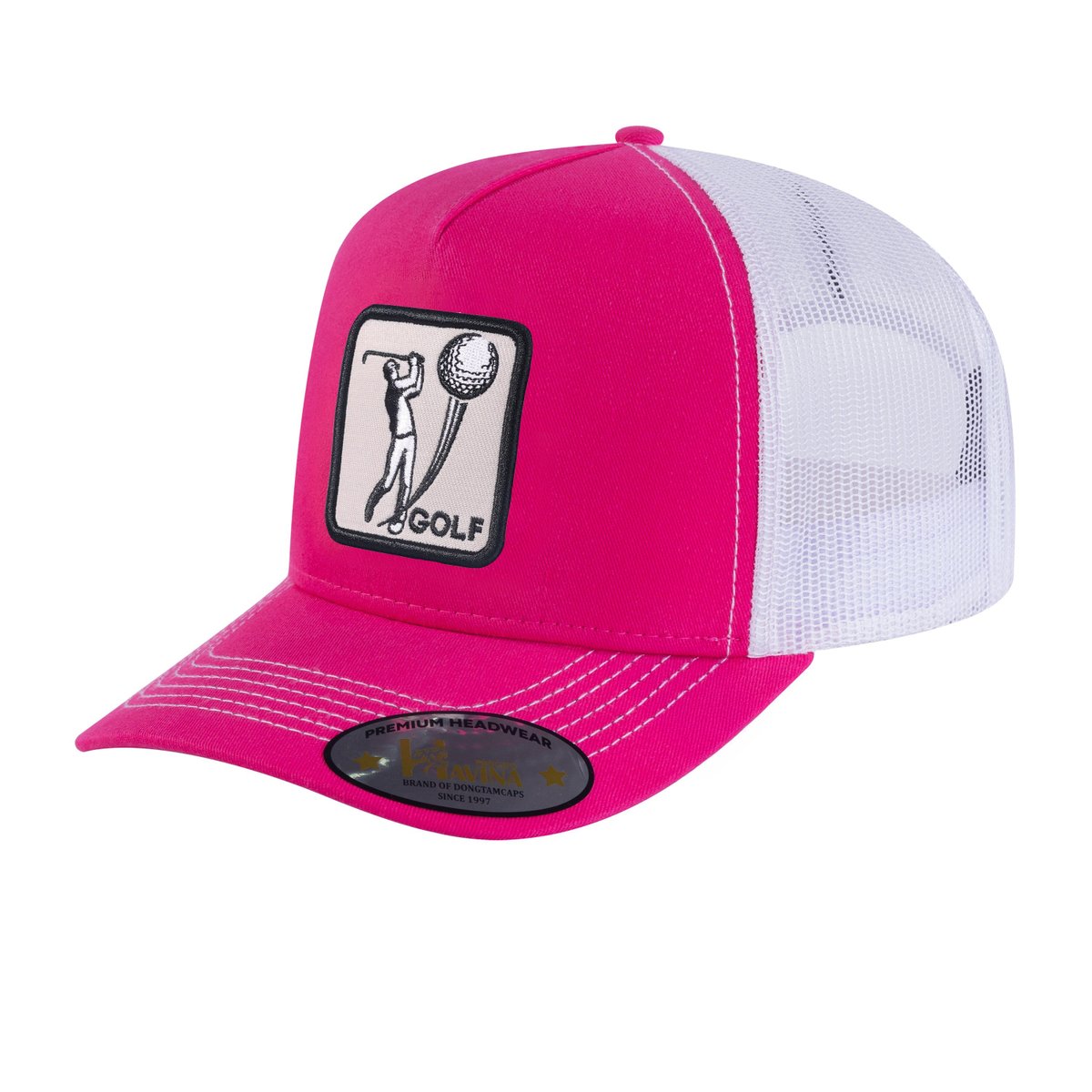 Embroidered Golf - 5 Panel Trucker Hat - Pink/White