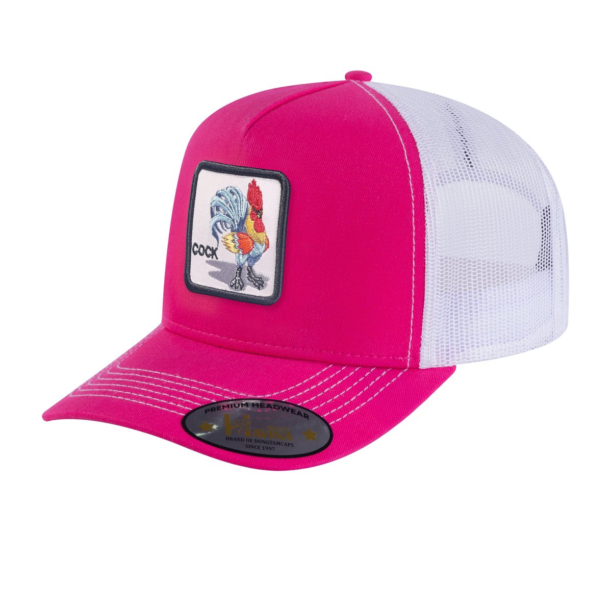 Unisex Embroidered The Cock, 5-Panel Trucker Hat, Pink/White, Adjustable Fit
