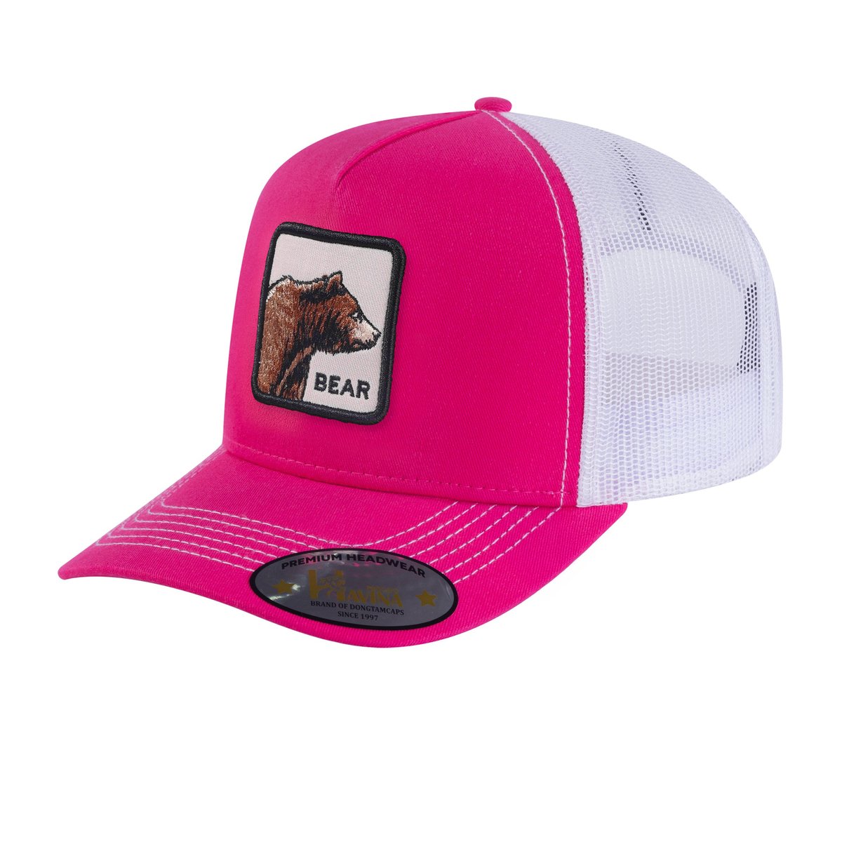 Unisex Embroidered The Bear, 5-Panel Trucker Hat, Pink/White, Adjustable Fit