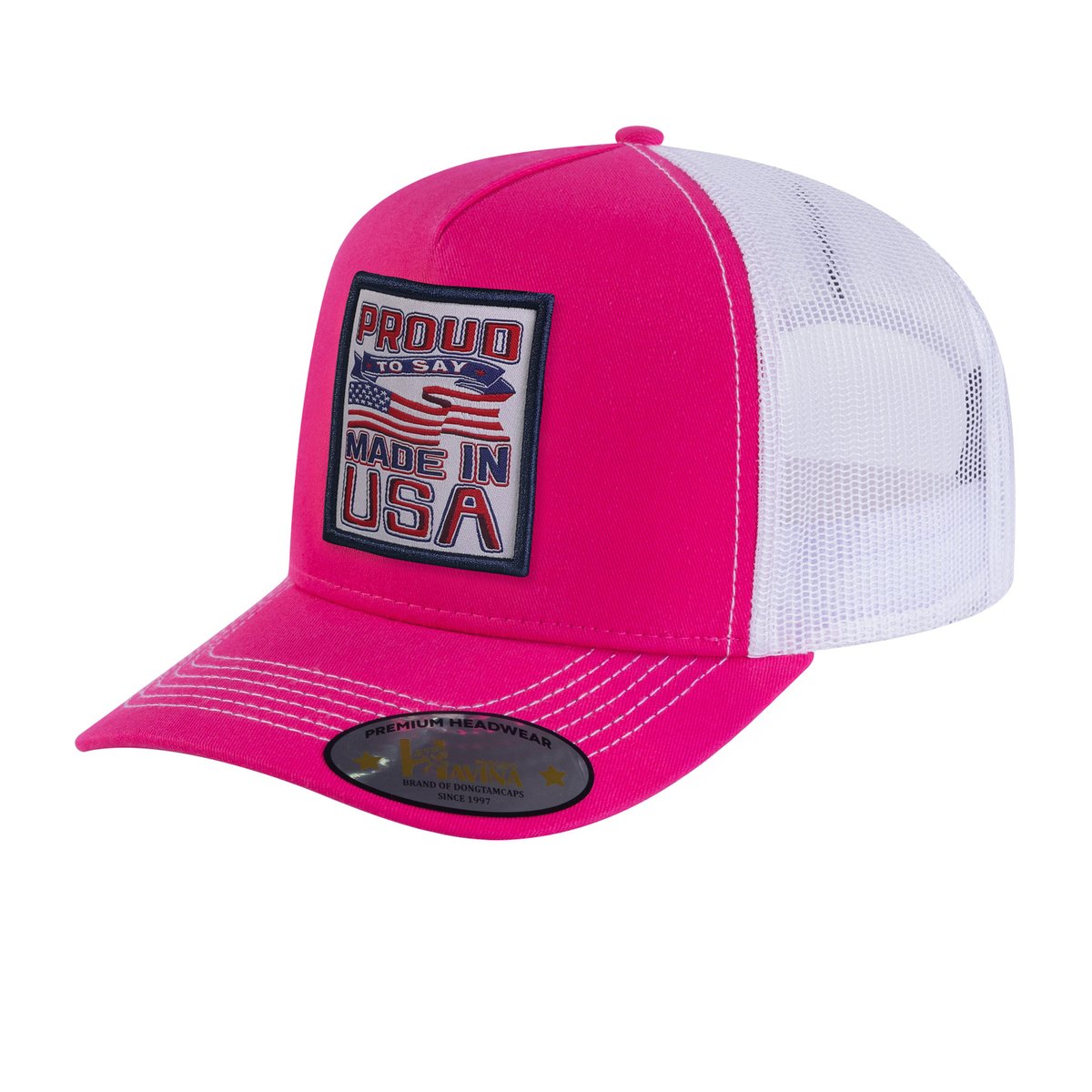 Unisex Embroidered Proud To Say Made In Usa, 5-Panel Trucker Hat, Pink/White, Adjustable Fit