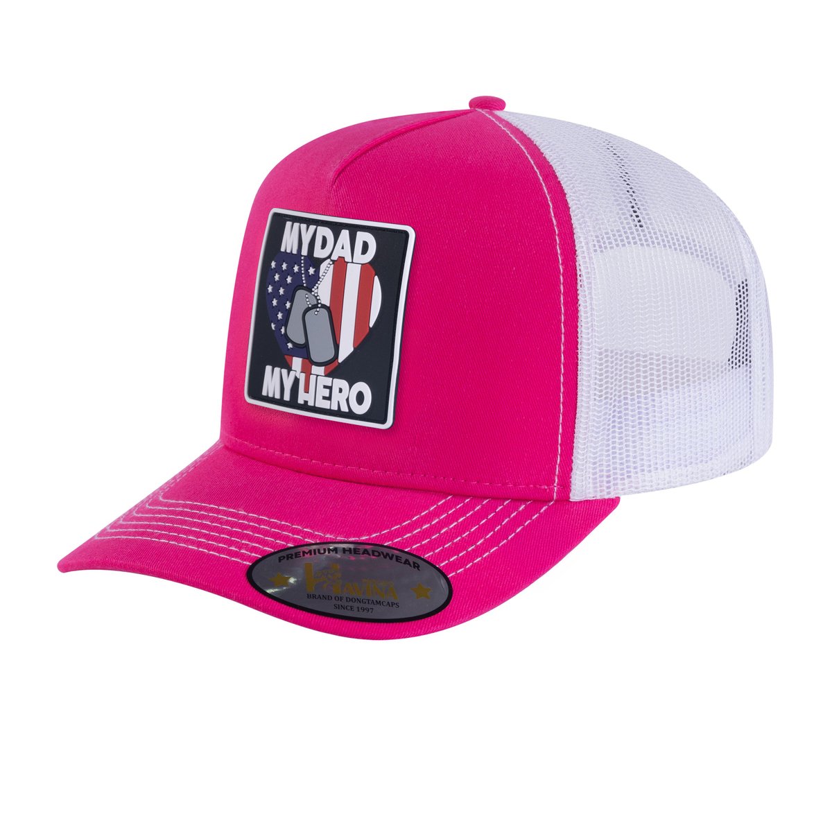Embroidered My Dad My Hero - 5 Panel Trucker Hat - Pink/White