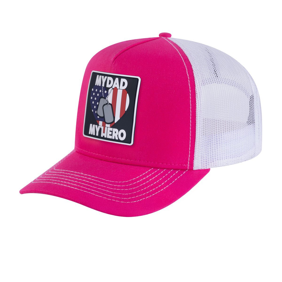 Unisex Embroidered My Dad My Hero, 5-Panel Trucker Hat, Pink/White, Adjustable Fit