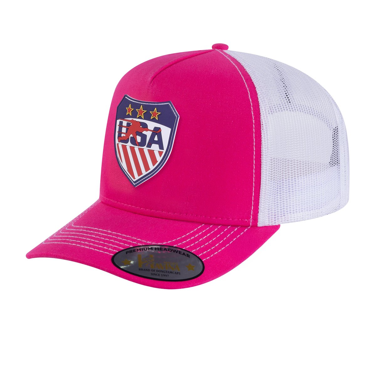Embroidered Loving Hockey - 5 Panel Trucker Hat - Pink/White