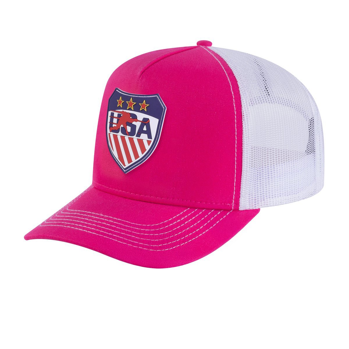 Unisex Embroidered Loving Hockey, 5-Panel Trucker Hat, Pink/White, Adjustable Fit