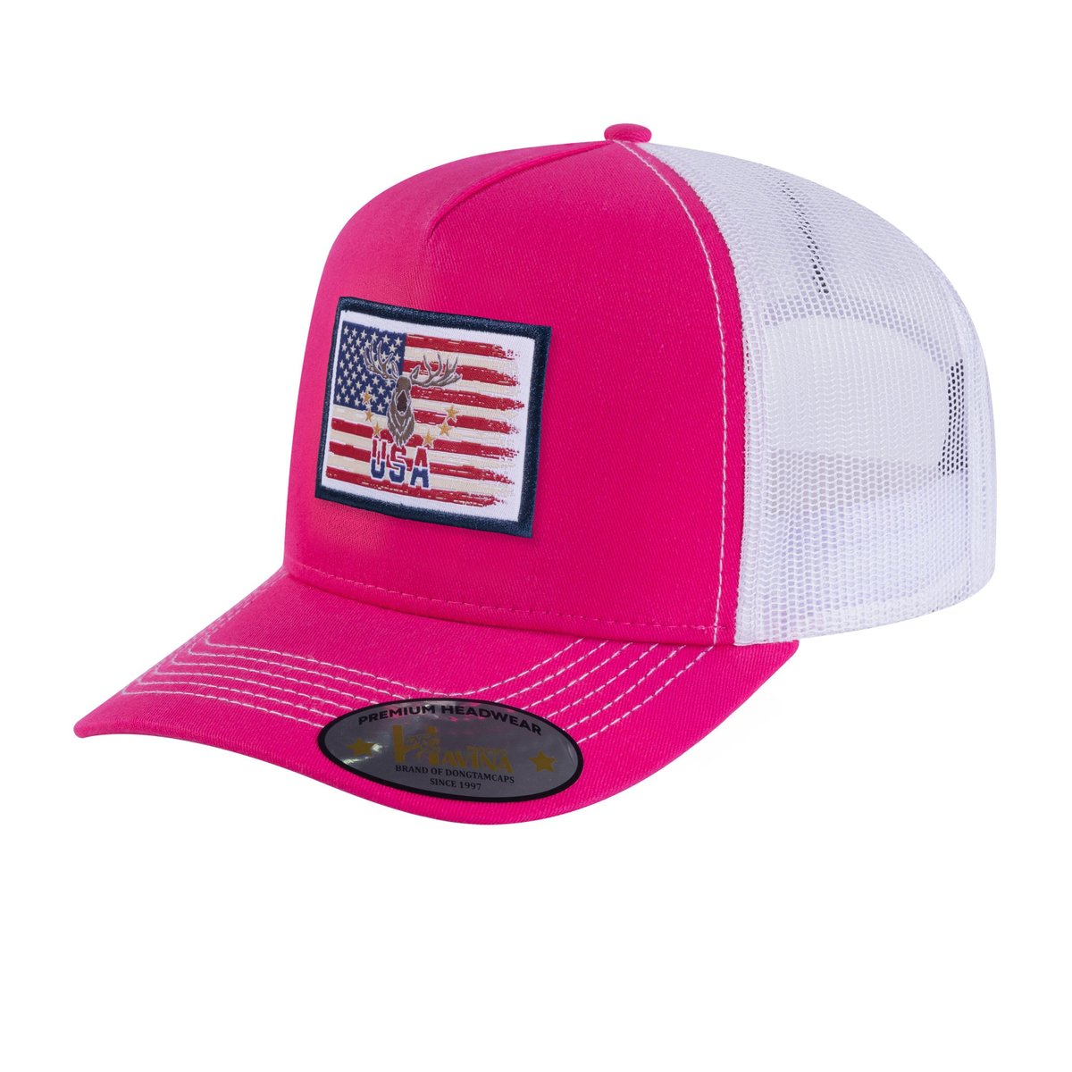 Unisex Embroidered US Deer Hunter, 5-Panel Trucker Hat, Pink/White, Adjustable Fit