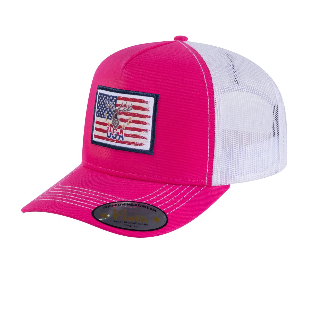 Embroidered Usa Deer Hunter - 5 Panel Trucker Hat - Pink/White
