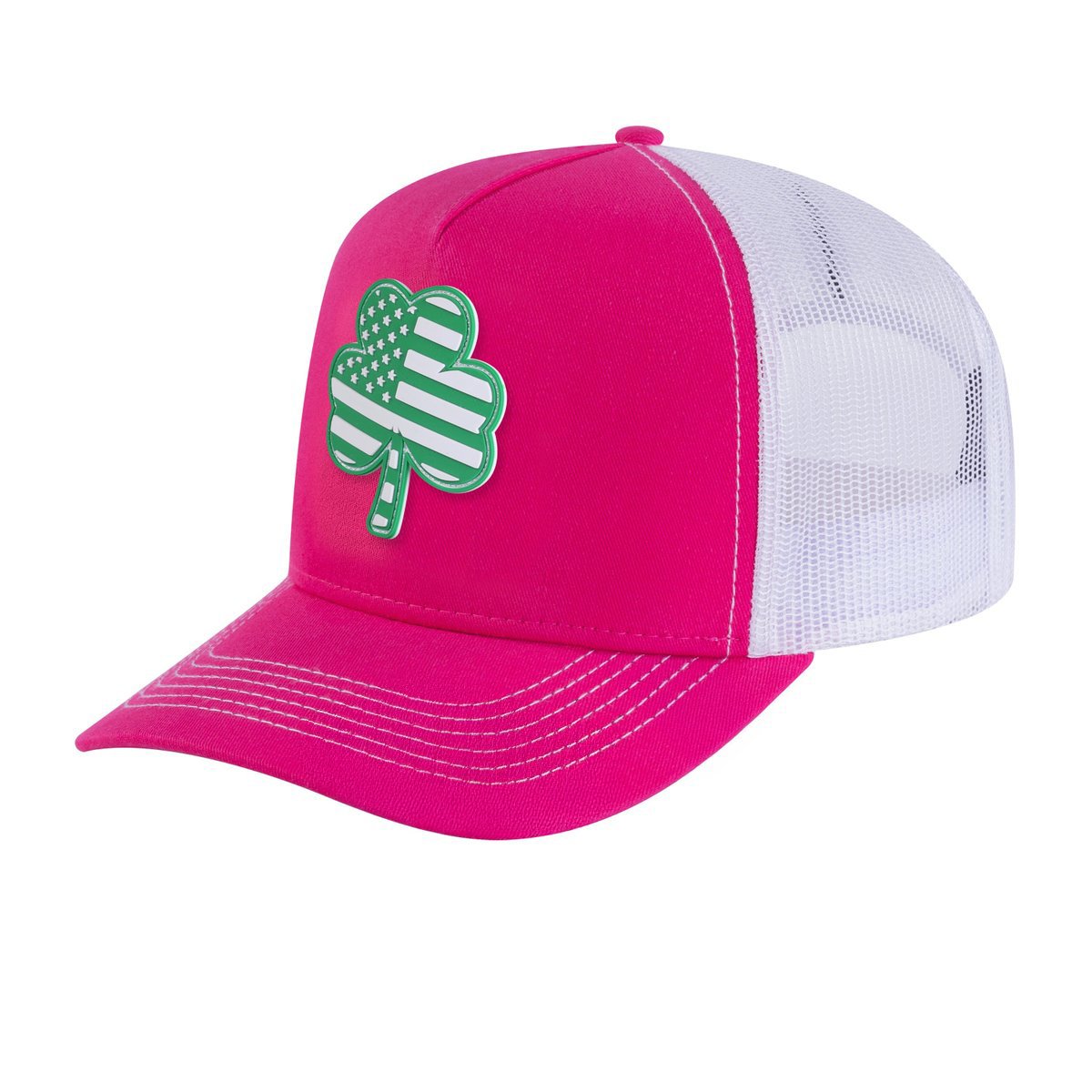 Unisex Embroidered St. Patrick'S Day Four Leaf Shamrock, 5-Panel Trucker Hat, Pink/White, Adjustable Fit