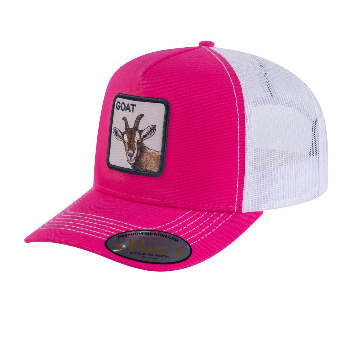 Unisex Embroidered The Goat, 5-Panel Trucker Hat, Pink/White, Adjustable Fit