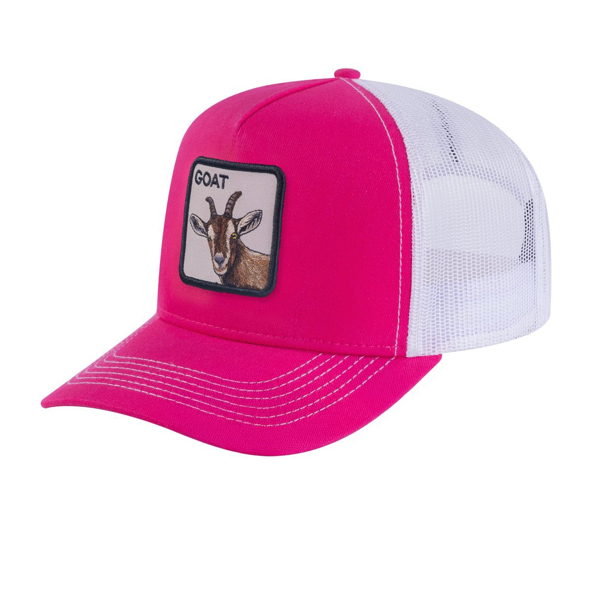 Unisex Embroidered The Goat, 5-Panel Trucker Hat, Pink/White, Adjustable Fit