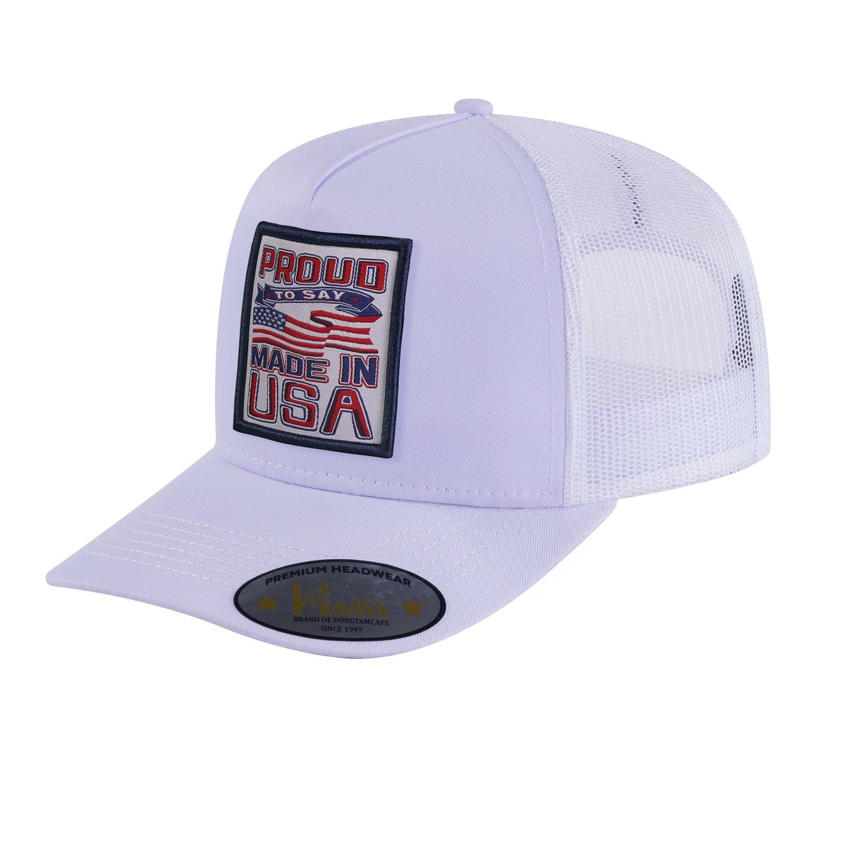 Embroidered Proud To Say Made In US - 5 Panel Trucker Hat - White/White