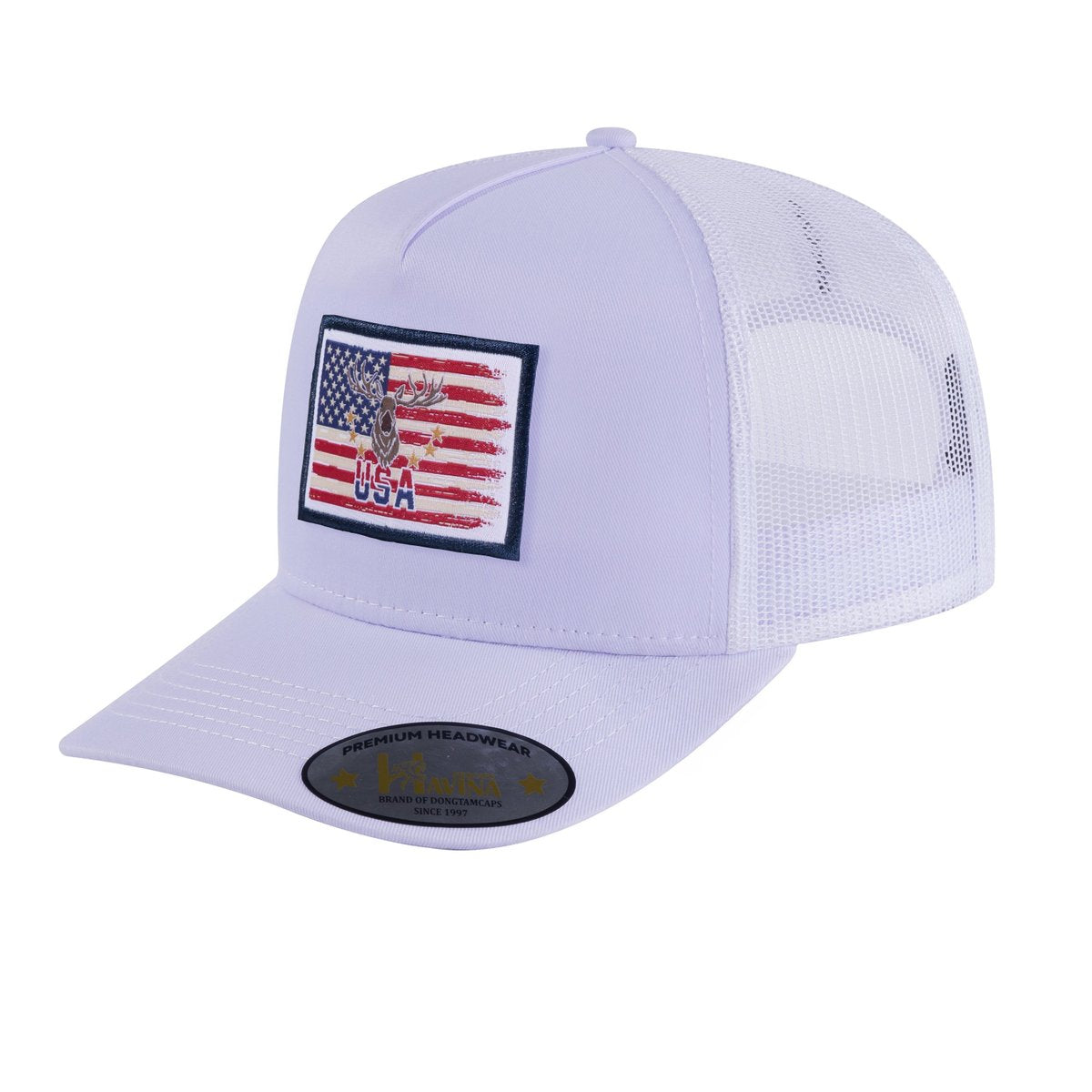 Embroidered US Deer Hunter - 5 Panel Trucker Hat - White/White