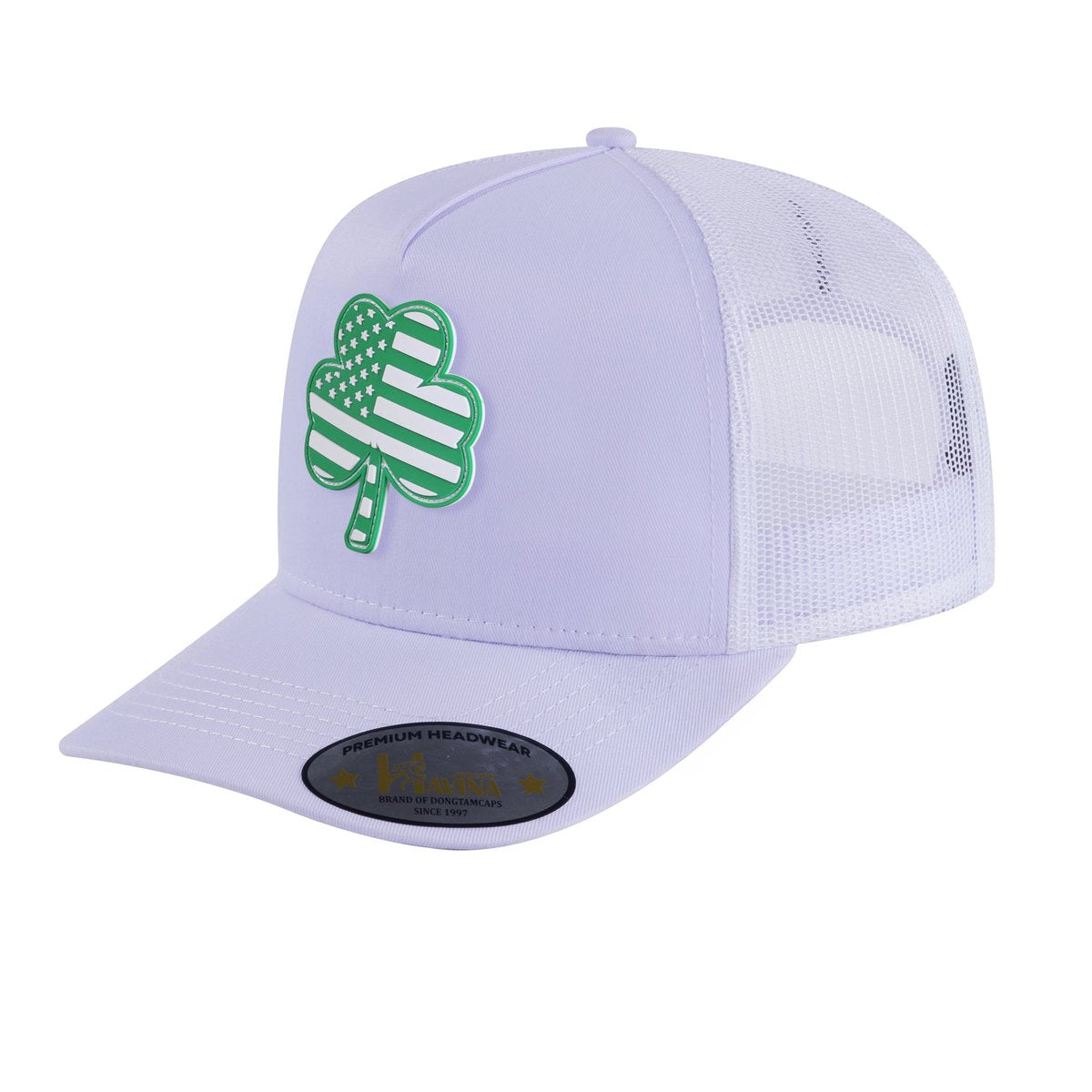 Embroidered St. Patrick'S Day Four Leaf Shamrock - 5 Panel Trucker Hat - White/White